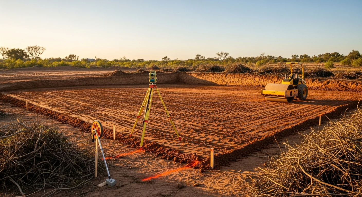 A cleared and graded building lot in Liberty, NC with compacted soil and defined foundation excavation ready for concrete work. Heavy equipment tracks are visible across the leveled ground, with surrounding tree lines intact along the property edge.