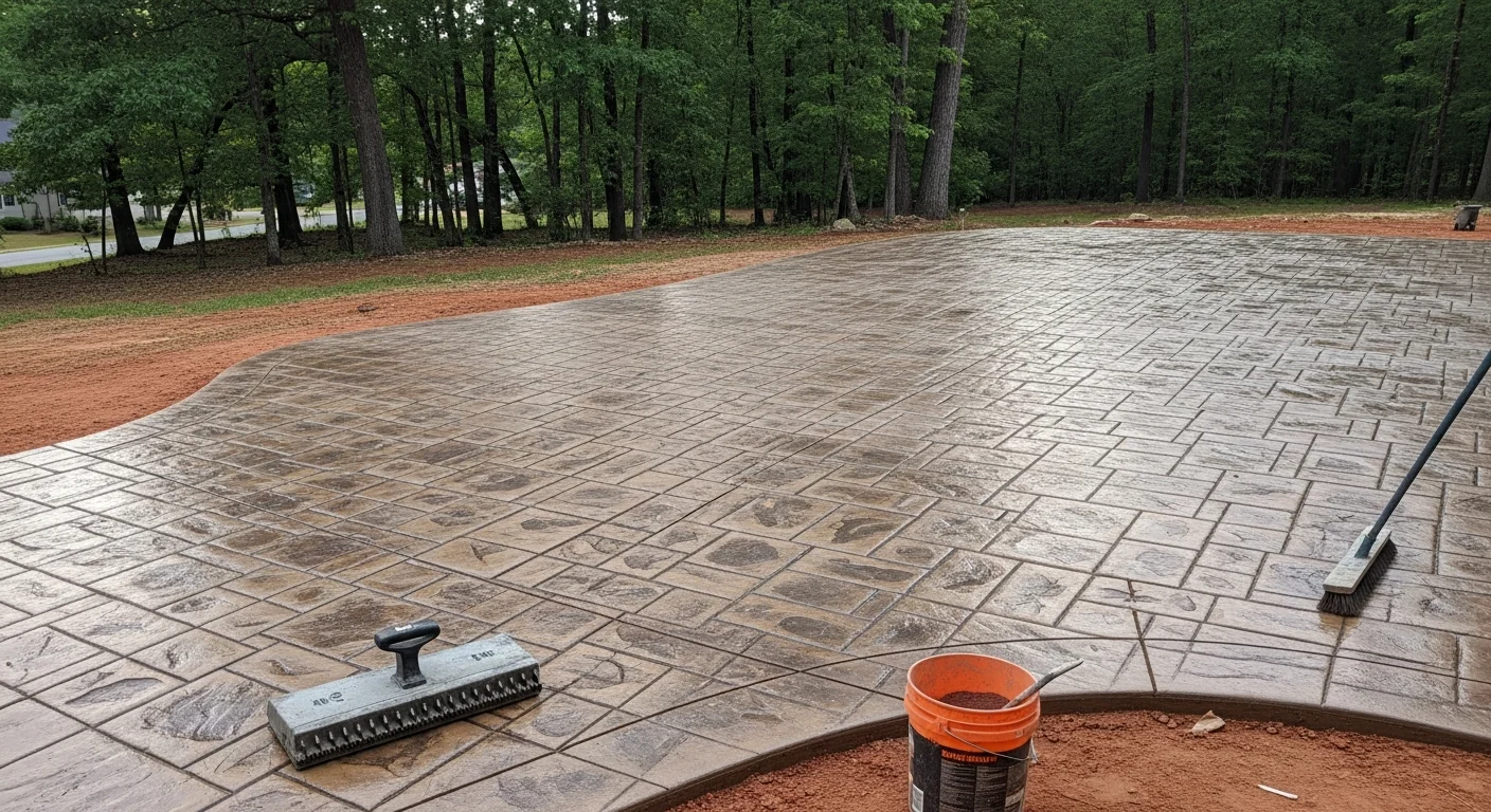 A freshly sealed stamped concrete patio with a flagstone pattern installed behind a residential home near Liberty, NC. The textured surface shows defined pattern lines and a warm earth-tone color finish typical of Piedmont Triad outdoor living spaces.